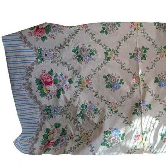 Vintage Floral Trellis Fabric Blue Stripe Border Pink Roses Cotton 132"x53" - Picture 5 of 11